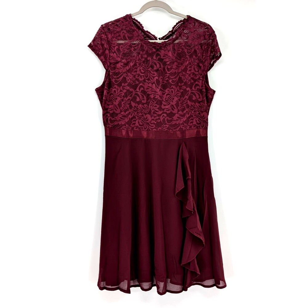 Dark Cherry Burgundy Wine Lace Chiffon Flare Ruffle Cap Sleeve Skater Dress L